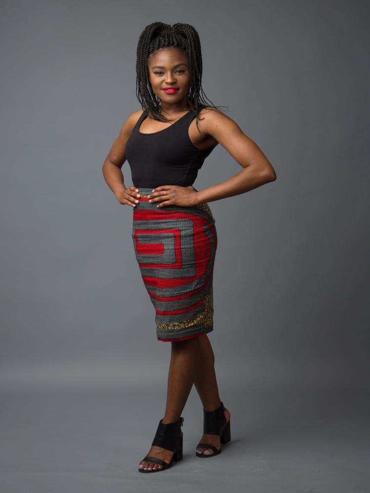 African print pencil skirt with grey, gray, red, and yellow mustard colors.  High quality premium ankara
