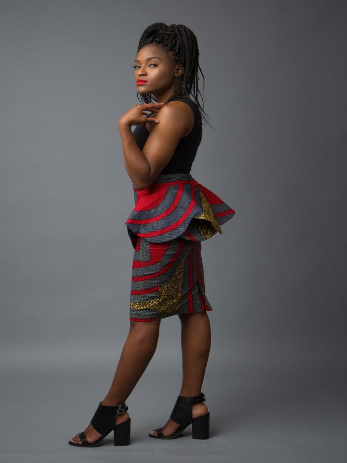 African print pencil skirt with grey, gray, red, and yellow mustard colors.  High quality premium ankara