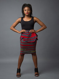 African print pencil skirt with grey, gray, red, and yellow mustard colors.  High quality premium ankara featuring a peplum belt.